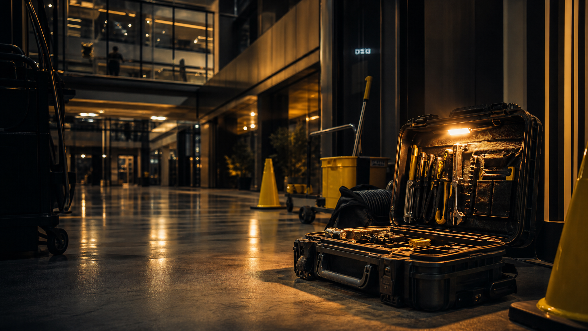 Commercial building maintenance team and lobby